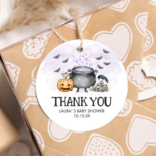 Paarse Baby brouwt Halloween Baby shower Ronde Bedankjes Labels