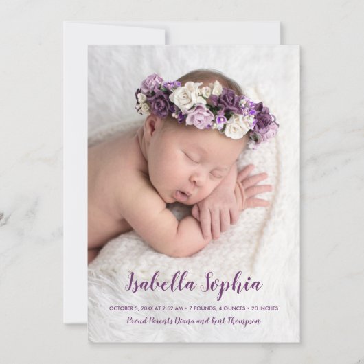 Paarse Baby Foto geboorteaankondigingen (Voorkant)