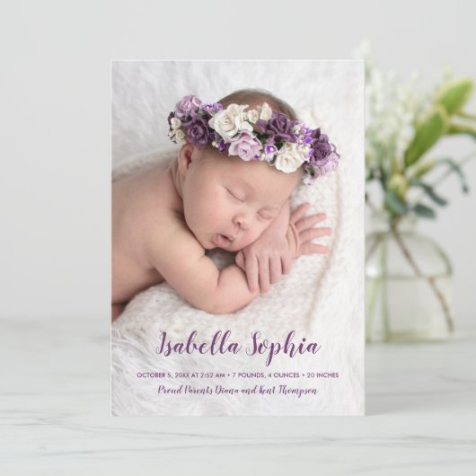 Paarse Baby Foto geboorteaankondigingen (Staand voorkant)