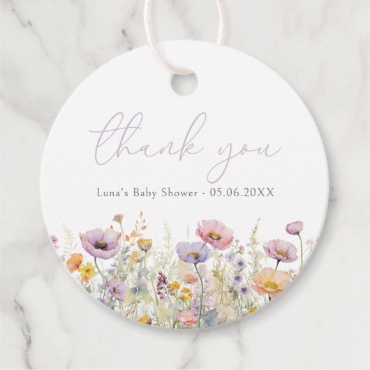 Paarse Baby in bloei bloemenwilde bloem Baby showe Bedankjes Labels (Voorkant)