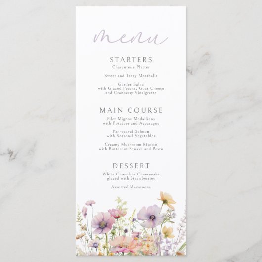 Paarse Baby in bloei bloemenwilde bloem Baby showe Menu (Voorkant)