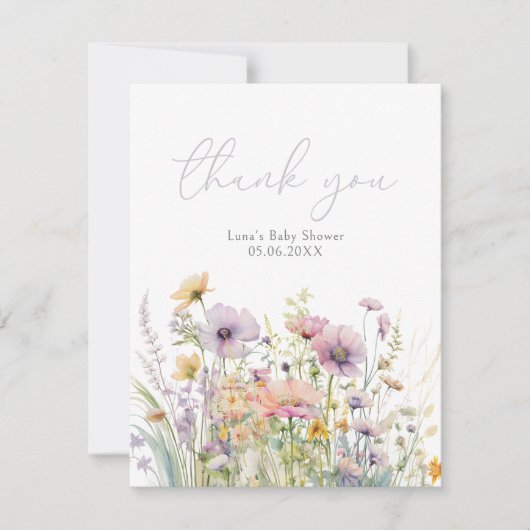 Paarse Baby in bloei Wildflower Baby shower plat Bedankkaart (Voorkant)