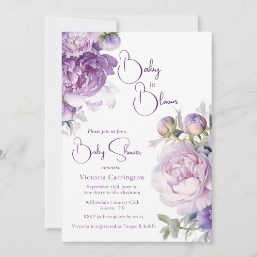 Paarse Baby in Bloom Floral Modern Baby shower Kaart (Voorkant)