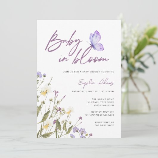 Paarse Baby in Bloom Wildflower Baby shower Kaart (Staand voorkant)