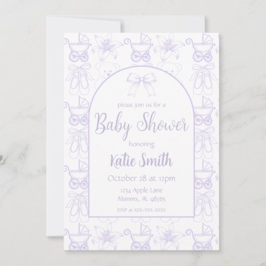 Paarse baby meisje doucheuitnodiging kaart (Voorkant)