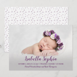 Paarse Baby Meisje Foto Geboorte Aankondiging