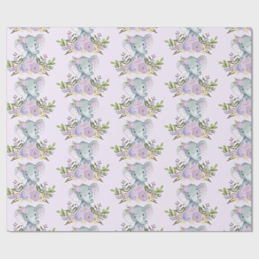 Paarse Baby Olifant Waterverf Bloemen Oerwoud Cadeaupapier (Vlak)