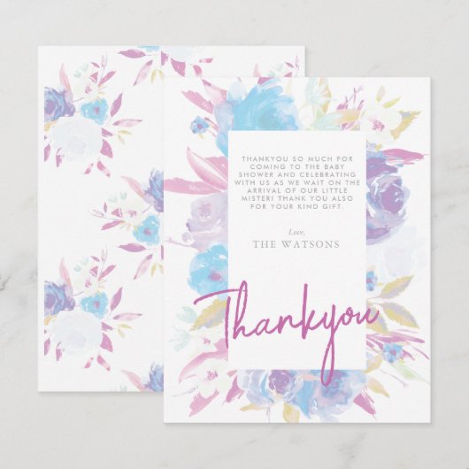 Paarse Baby shower Bloemen Waterverf Bedankkaart (Voorkant / Achterkant)