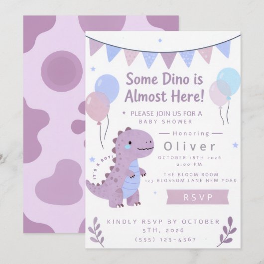 Paarse baby shower Dino uitnodiging (Voorkant / Achterkant)