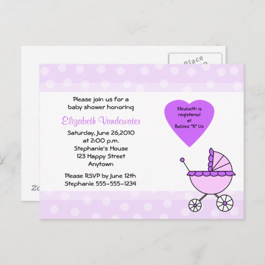 Paarse Baby shower Invitation Carriage Briefkaart (Voorkant / Achterkant)