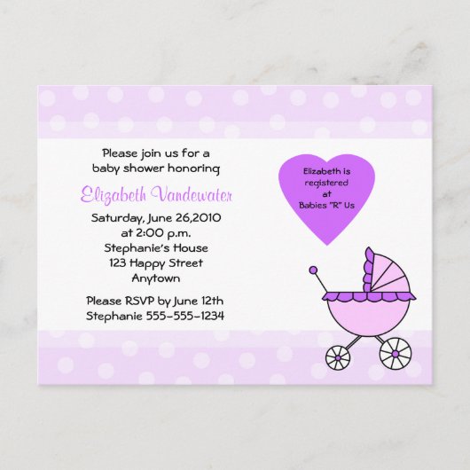Paarse Baby shower Invitation Carriage Briefkaart (Voorkant)