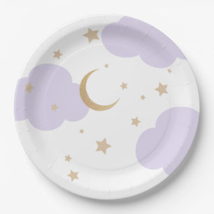 Paarse baby shower Over de Maan Papieren Bordje