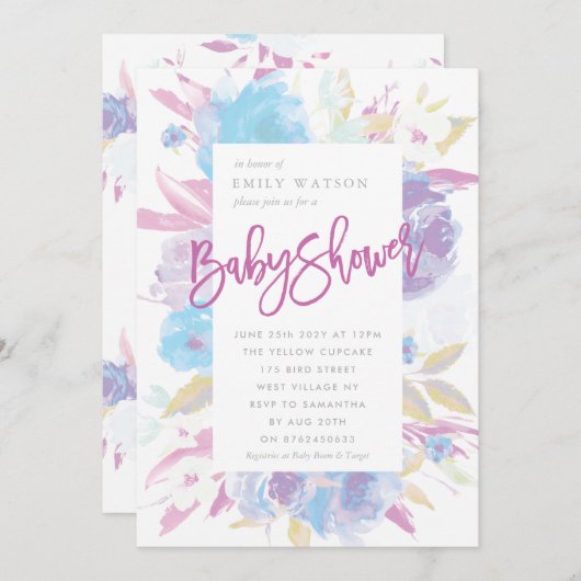 Paarse Baby shower Uitnodiging Florenz Waterverf (Voorkant / Achterkant)