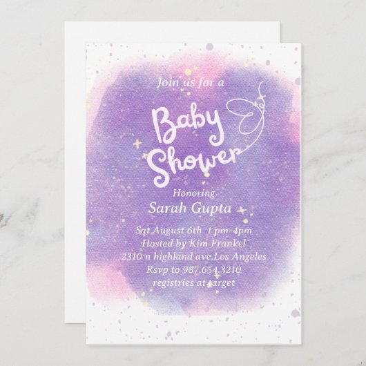 Paarse baby shower uitnodiging met vlinder (Voorkant / Achterkant)