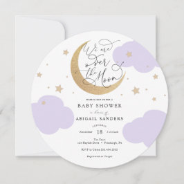 Paarse baby shower uitnodiging Over the Moon