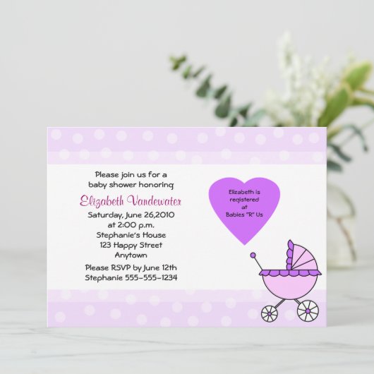 Paarse Baby shower Uitnodiging tot vervoer (Staand voorkant)