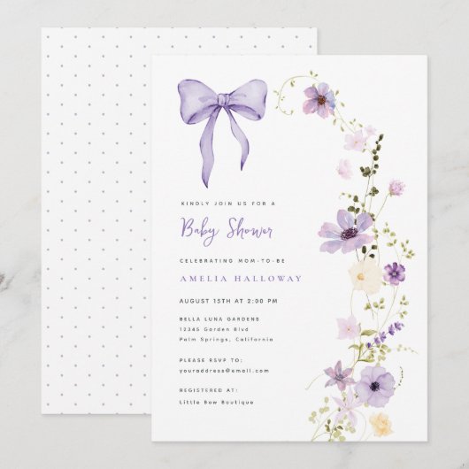 Paarse Baby shower Wildflower Party Uitnodiging (Voorkant / Achterkant)