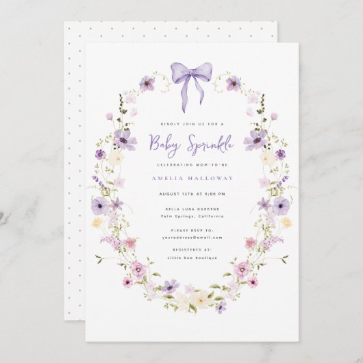 Paarse Baby Sprinkle Spring Wildflower Uitnodiging (Voorkant / Achterkant)