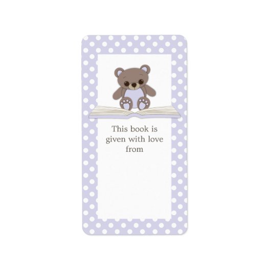 Paarse Baby Teddybeer & Boek Gift Bookplate Label (Voorkant)