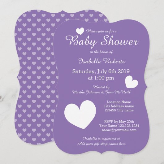 Paarse babydoucheuitnodigingen met schattig hart kaart (Voorkant / Achterkant)