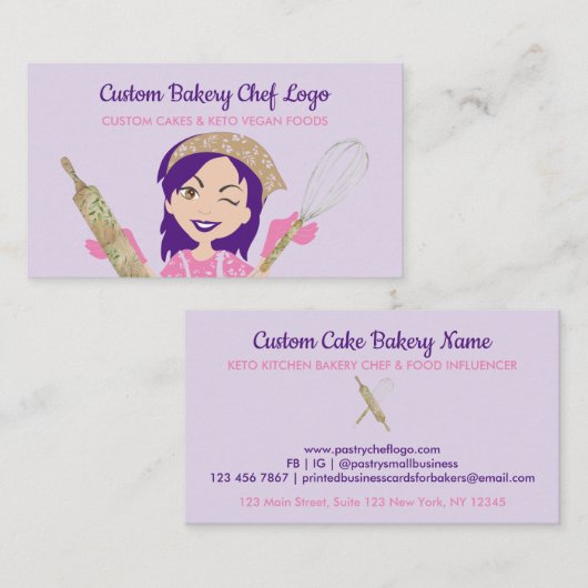 Paarse bakkerij Chef Woman Vegetarian Cooker Visitekaartje (Voorkant / Achterkant)
