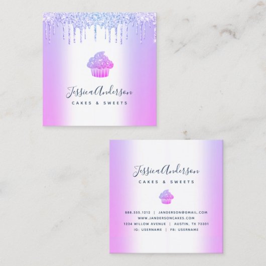 Paarse Bakkerij Cupcake Pastry Chef Glitter Drips Vierkante Visitekaartje (Voorkant / Achterkant)