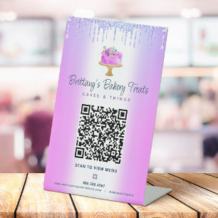 Paarse Bakkerij QR Code Scan Menu Cake Glitter Dru Reclamebord Met Voetstuk