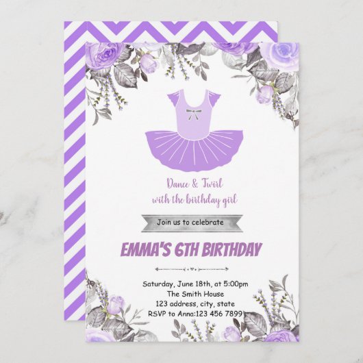 Paarse ballerina BIRTHDAY partijuitnodiging Kaart (Voorkant / Achterkant)