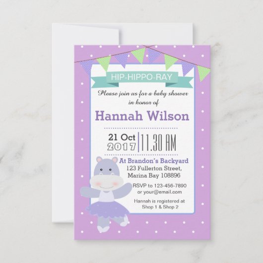 Paarse Ballerina Hippo Baby shower uitnodiging (Voorkant)