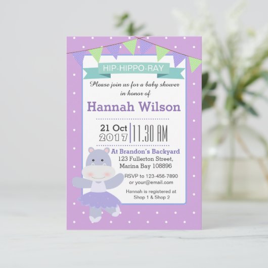 Paarse Ballerina Hippo Baby shower uitnodiging (Staand voorkant)