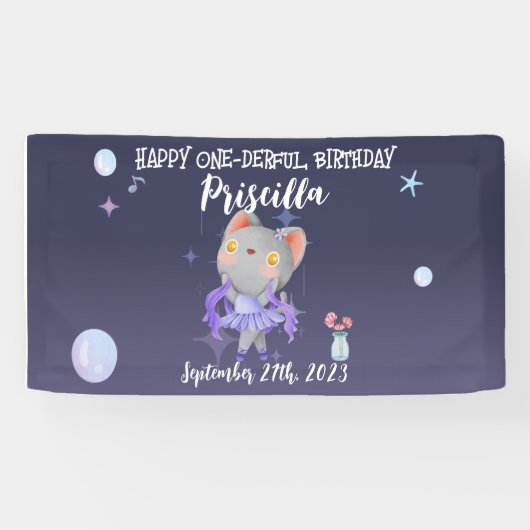 Paarse Ballerina Kat Kids Verjaardagsfeestje Spandoek (Horizontaal)