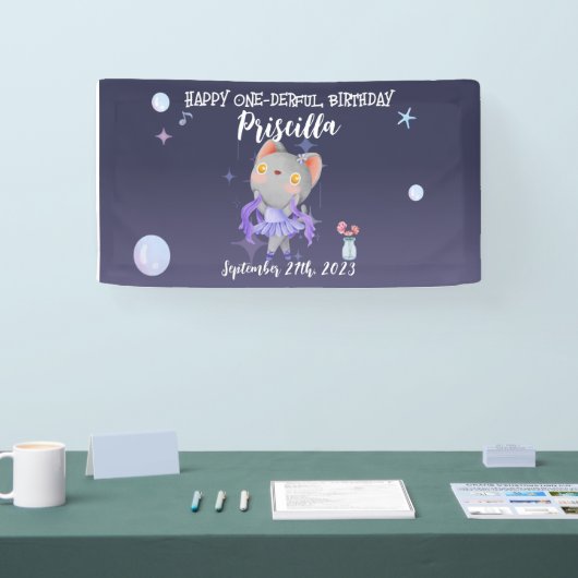 Paarse Ballerina Kat Kids Verjaardagsfeestje Spandoek (Beurs)