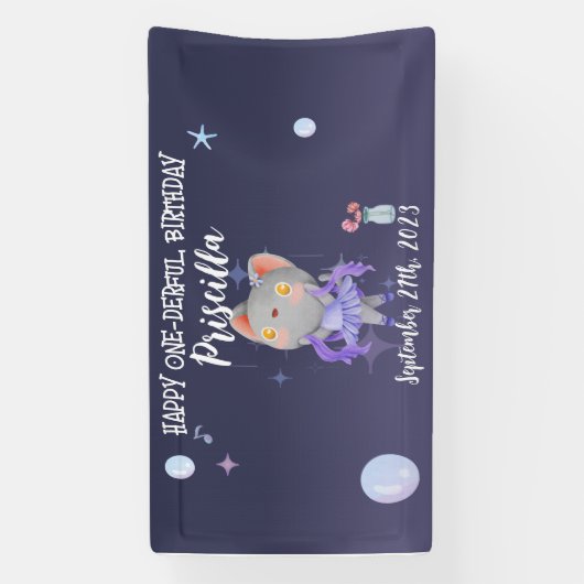 Paarse Ballerina Kat Kids Verjaardagsfeestje Spandoek (Verticaal)