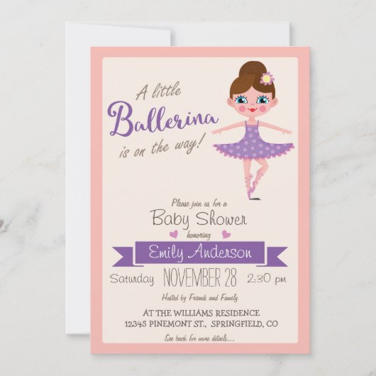 Paarse ballerina, meisje Baby shower uitnodiging (Voorkant)