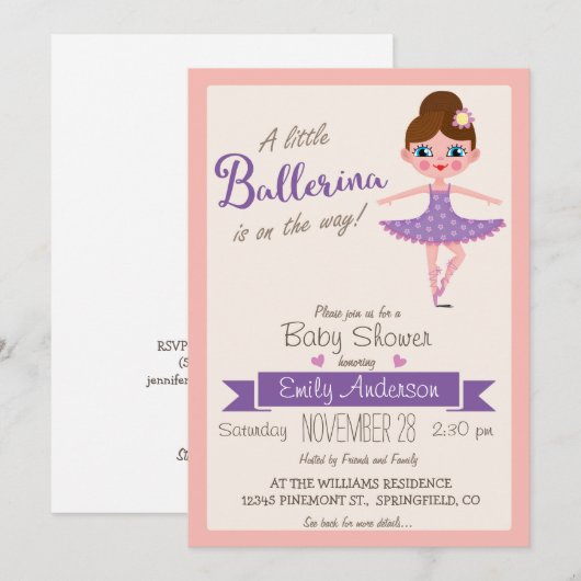 Paarse ballerina, meisje Baby shower uitnodiging (Voorkant / Achterkant)