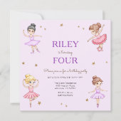 Paarse Ballerina Meisjes Verjaardagsfeestuitnodigi Kaart (Voorkant)