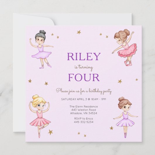 Paarse Ballerina Meisjes Verjaardagsfeestuitnodigi Kaart (Voorkant)