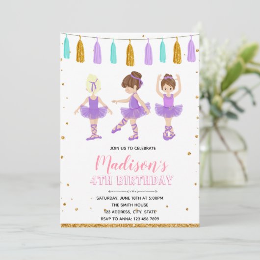 Paarse ballerina verjaardagsfeest uitnodiging (Staand voorkant)