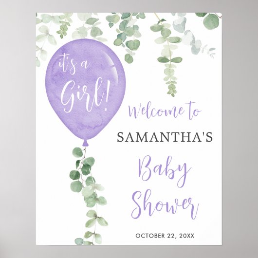 Paarse ballon eucalyptus baby shower welkom bord poster (Voorkant)