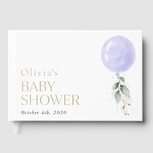 Paarse ballon, eucalyptus, groen, Baby shower Gastenboek (Voorkant)