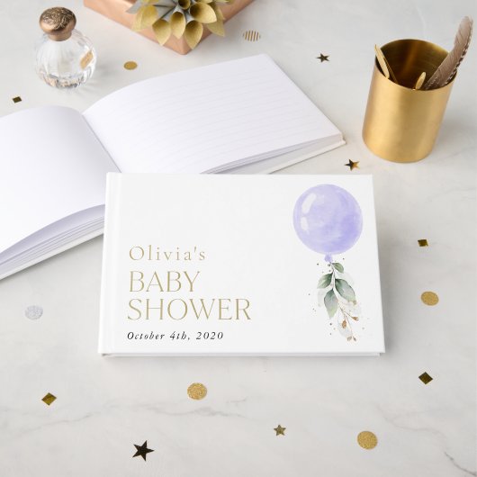 Paarse ballon, eucalyptus, groen, Baby shower Gastenboek (Voorkant open)