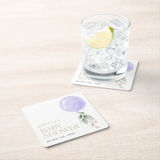 Paarse ballon, eucalyptus, groen, Baby shower Kartonnen Onderzetters (Insitu)