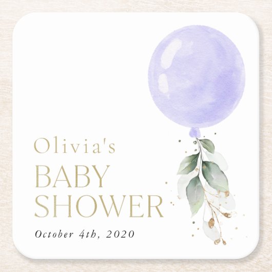 Paarse ballon, eucalyptus, groen, Baby shower Kartonnen Onderzetters (Voorkant)