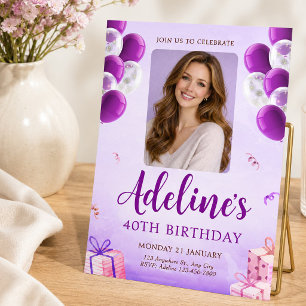 Paarse Ballon Foto 40e Verjaardag voor Vrouwen Kaart