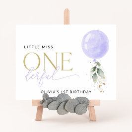 Paarse ballon, groen, eerste verjaardag welkom poster