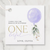 Paarse ballon, groen, gebladerte, eerste verjaarda bedankjes labels (Voorkant)