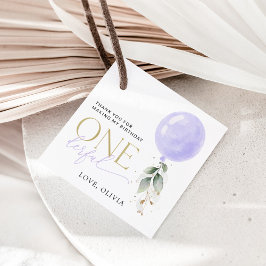 Paarse ballon, groen, gebladerte, eerste verjaarda bedankjes labels