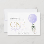 Paarse ballon, groen, gebladerte, eerste verjaarda bedankkaart (Voorkant)