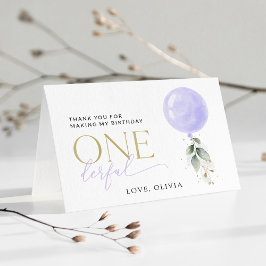 Paarse ballon, groen, gebladerte, eerste verjaarda bedankkaart