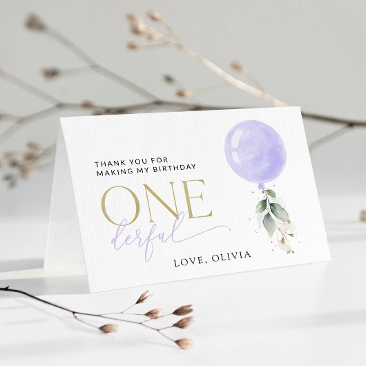 Paarse ballon, groen, gebladerte, eerste verjaarda bedankkaart